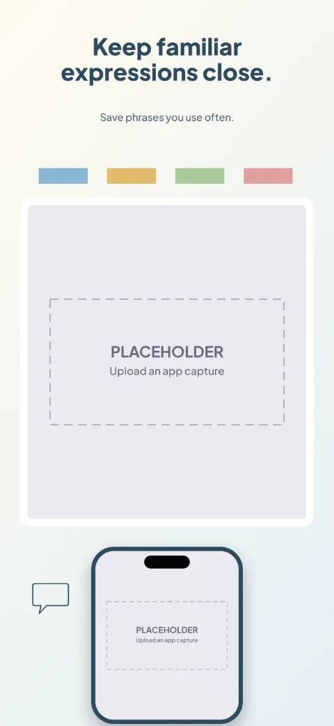 My Words slide 3 (secondary feature): “Keep familiar expressions close.” over a light gradient background with a favorites (board preview) screen slot and category shape 1.