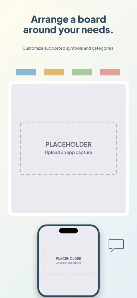 My Words slide 4 (personalisation): “Arrange a board around your needs.” over a light gradient background with a board editor (board preview) screen slot and category shape 1.