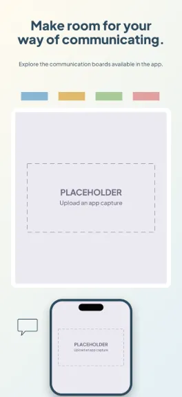 My Words aac communication screenshot template: five slides, warm white with clear category colours.