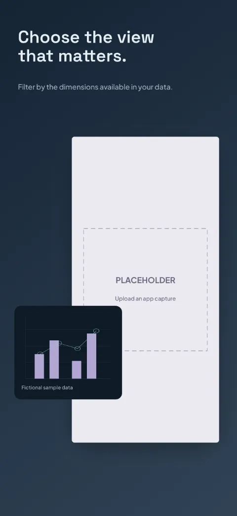 Data Lens slide 2 (primary feature): “Choose the view that matters.” over a dark gradient background with a filters screen slot and chart grid.