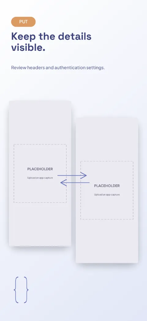 Request Lab slide 3 (secondary feature): “Keep the details visible.” over a light gradient background with a headers · request panel screen slot and request-response arrows.