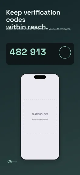 Code Keeper authenticator screenshot template: five slides, monochrome precision with mint highlights.