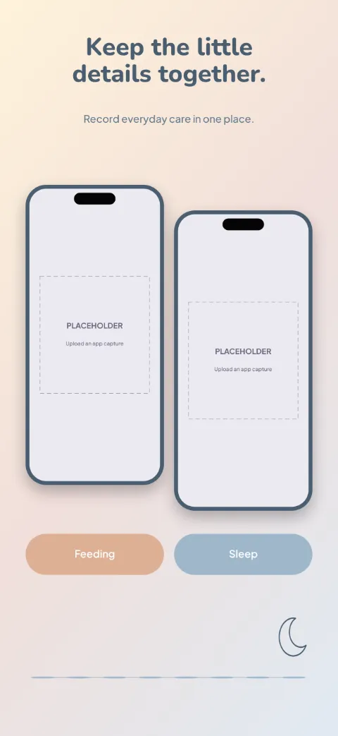 Baby Rhythm slide 1 (promise): “Keep the little details together.” over a light gradient background with a dashboard screen slot and moon outline.