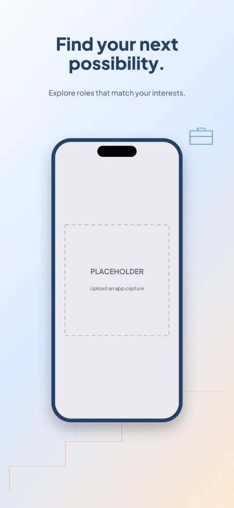 Career Path slide 1 (promise): “Find your next possibility.” over a light gradient background with a discovery screen slot and ascending steps.