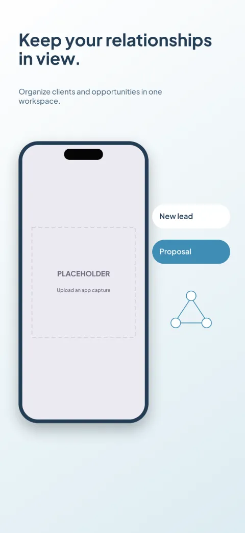 Client Compass slide 1 (promise): “Keep your relationships in view.” over a light gradient background with a pipeline screen slot and contact nodes.