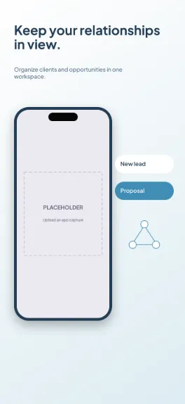 Client Compass business screenshot template: five slides, pale gray and ocean blue, crisp information cards orbiting the phone.