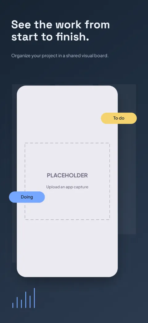 Project Lane slide 1 (promise): “See the work from start to finish.” over a dark gradient background with a board screen slot and kanban columns.