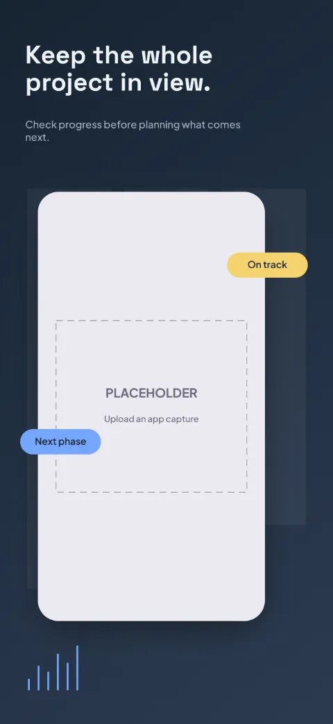 Project Lane slide 5 (closing): “Keep the whole project in view.” over a dark gradient background with a project summary screen slot and kanban columns.