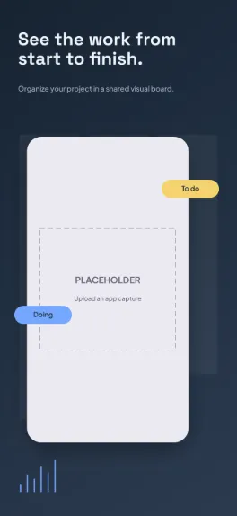 Project Lane business screenshot template: five slides, graphite, electric blue and warm yellow status labels over Kanban columns.