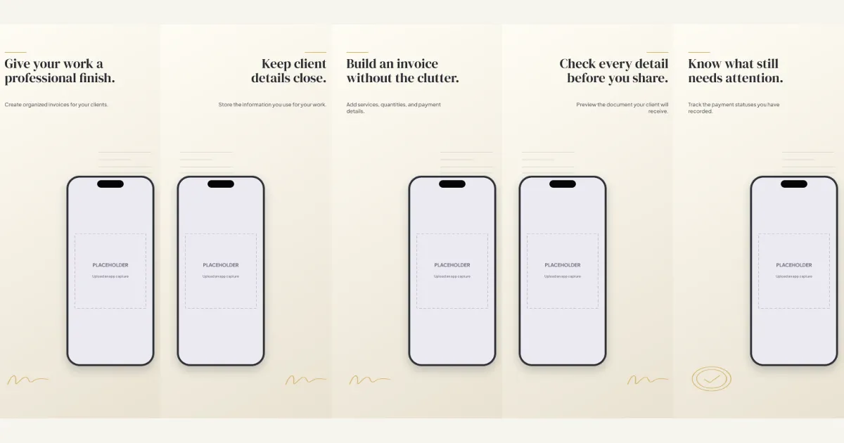 Solo Desk business screenshot template: five slides, off-white, ink and muted gold.