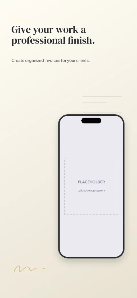 Solo Desk slide 1 (promise): “Give your work a professional finish.” over a light gradient background with a dashboard screen slot and invoice lines.