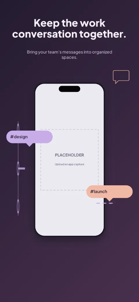 Team Thread slide 1 (promise): “Keep the work conversation together.” over a dark gradient background with a channels screen slot and thread connector.