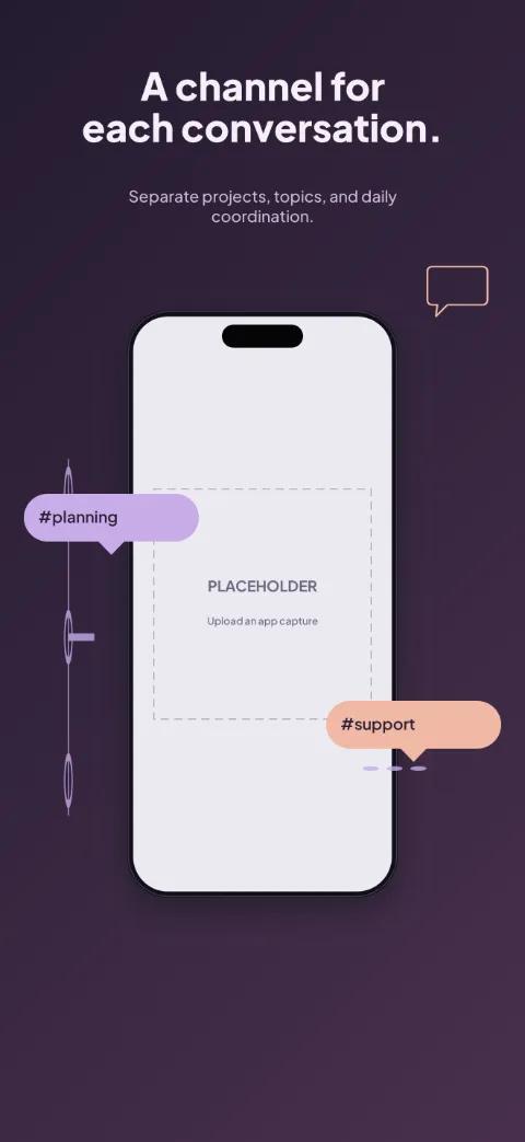 Team Thread slide 2 (primary feature): “A channel for each conversation.” over a dark gradient background with a conversation screen slot and thread connector.