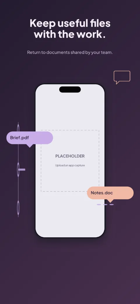 Team Thread slide 5 (closing): “Keep useful files with the work.” over a dark gradient background with a shared files screen slot and thread connector.