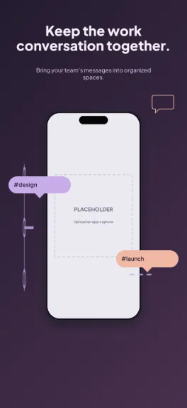 Team Thread business screenshot template: five slides, deep aubergine with peach and lilac conversation blocks floating around the phone.