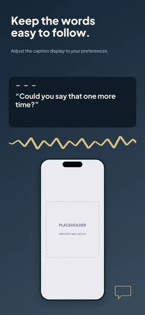 Caption Space slide 2 (primary feature): “Keep the words easy to follow.” over a dark gradient background with a captions screen slot and speaker dots.