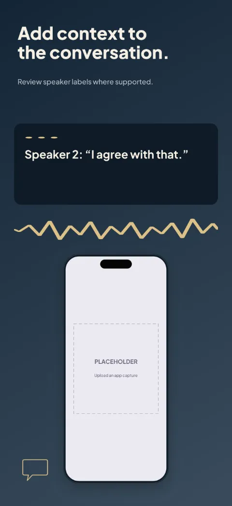 Caption Space slide 3 (secondary feature): “Add context to the conversation.” over a dark gradient background with a speaker view screen slot and speaker dots.