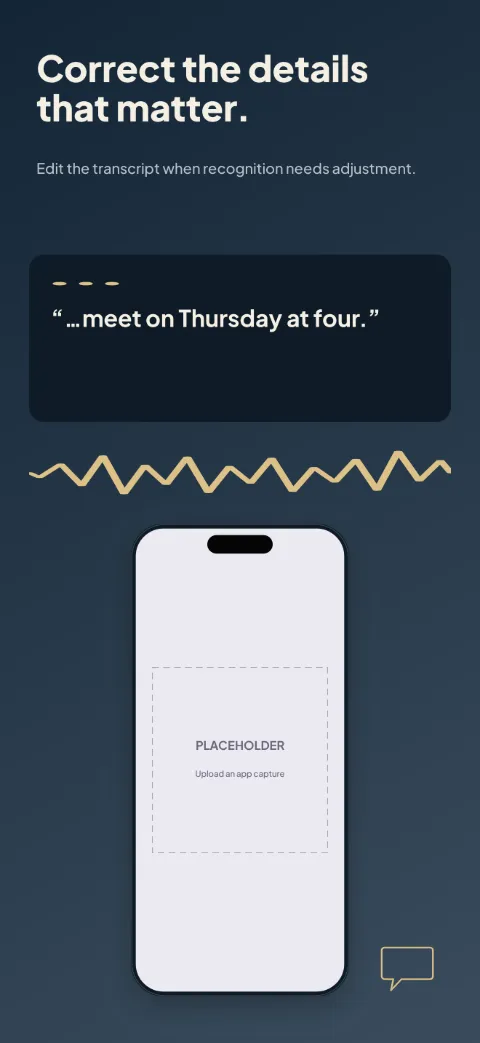 Caption Space slide 4 (personalisation): “Correct the details that matter.” over a dark gradient background with a corrections screen slot and speaker dots.