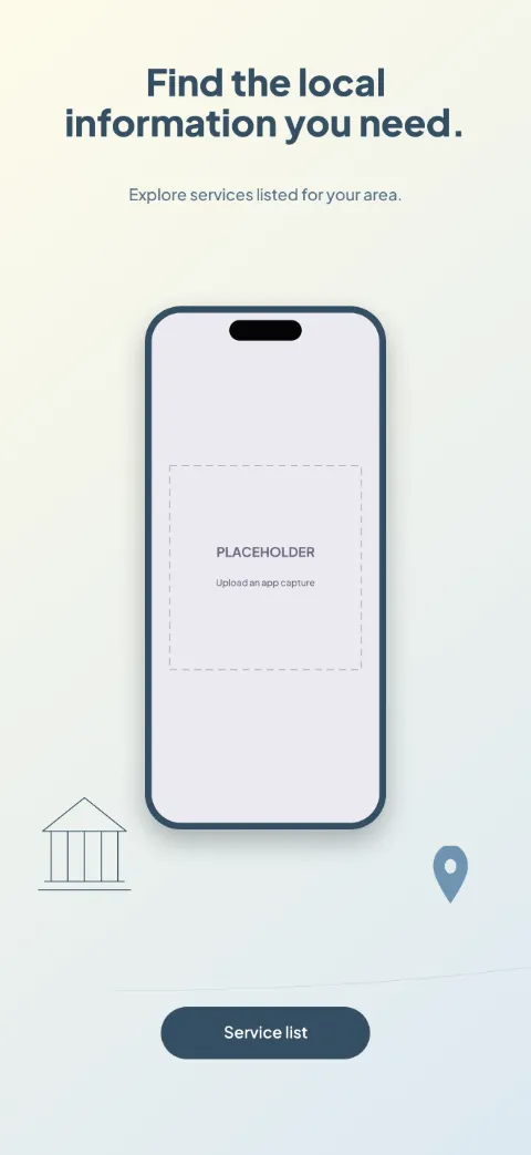 Civic Connect slide 1 (promise): “Find the local information you need.” over a light gradient background with a services screen slot and service path.