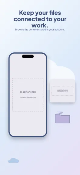 Cloud Shelf cloud storage screenshot template: five slides, airy blue and soft lavender with floating file cards and an upload spotlight.