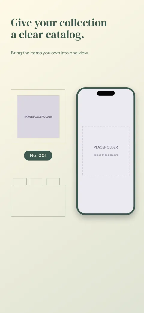 Collector's Cabinet slide 1 (promise): “Give your collection a clear catalog.” over a light gradient background with a collection screen slot and display frame.