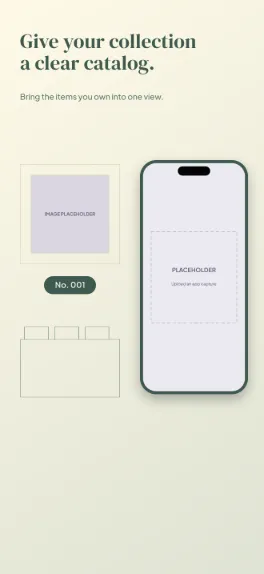 Collector's Cabinet collection catalog screenshot template: five slides, ivory, ink green and brass.