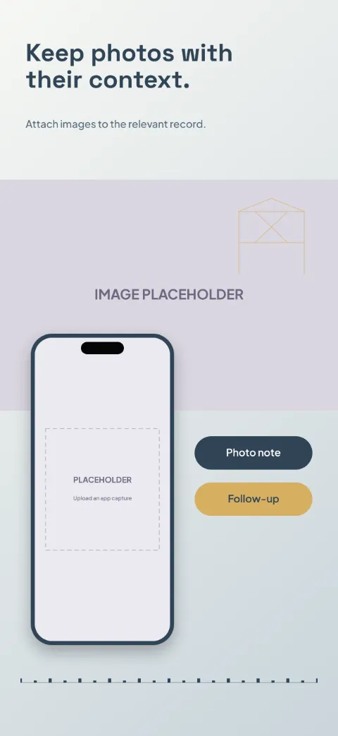 Site Log slide 3 (secondary feature): “Keep photos with their context.” over a light gradient background with a photos screen slot and blueprint grid.
