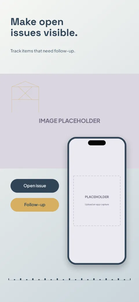 Site Log slide 4 (personalisation): “Make open issues visible.” over a light gradient background with a issues screen slot and blueprint grid.