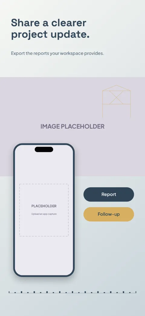 Site Log slide 5 (closing): “Share a clearer project update.” over a light gradient background with a report screen slot and blueprint grid.