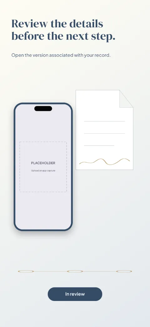 Document Desk slide 2 (primary feature): “Review the details before the next step.” over a light gradient background with a detail screen slot and document lines.