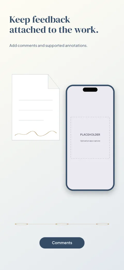 Document Desk slide 3 (secondary feature): “Keep feedback attached to the work.” over a light gradient background with a annotations screen slot and document lines.
