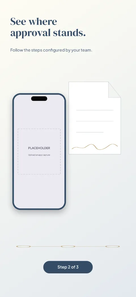 Document Desk slide 4 (personalisation): “See where approval stands.” over a light gradient background with a approval flow screen slot and document lines.