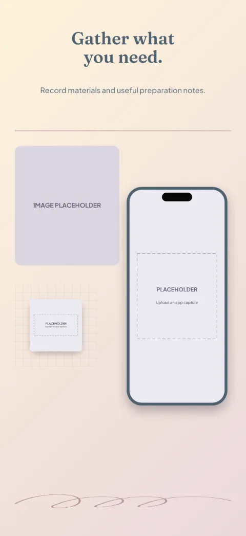 Stitch Story slide 3 (secondary feature): “Gather what you need.” over a light gradient background with a materials screen slot and stitch path.