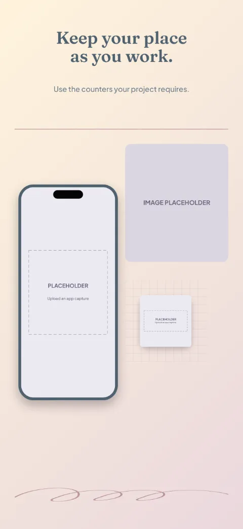 Stitch Story slide 4 (personalisation): “Keep your place as you work.” over a light gradient background with a counter screen slot and stitch path.