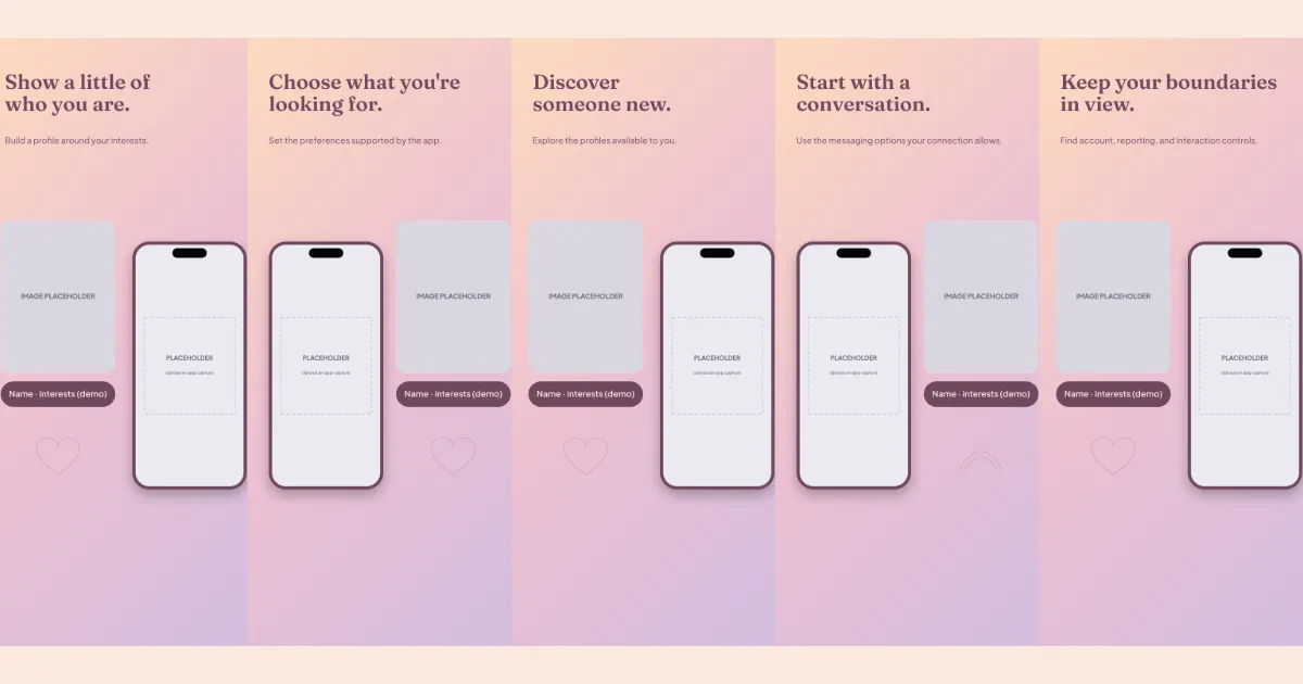 New Connections dating introductions screenshot template: five slides, warm peach, aubergine and muted rose.