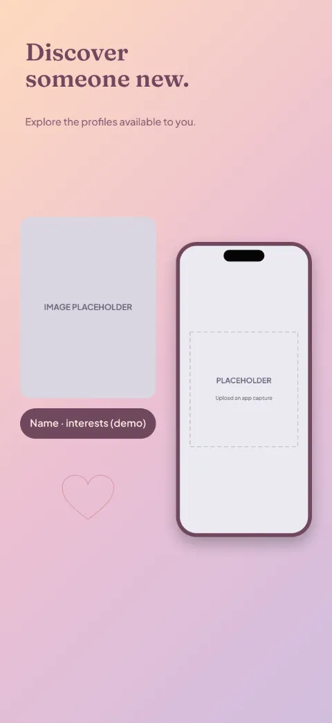 New Connections slide 3 (secondary feature): “Discover someone new.” over a light gradient background with a discovery screen slot and overlapping circles.