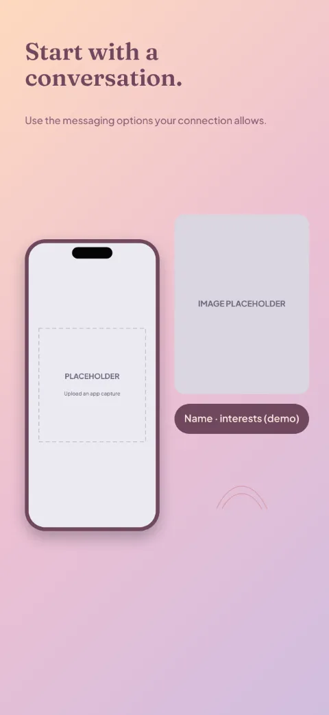 New Connections slide 4 (personalisation): “Start with a conversation.” over a light gradient background with a conversation screen slot and overlapping circles.
