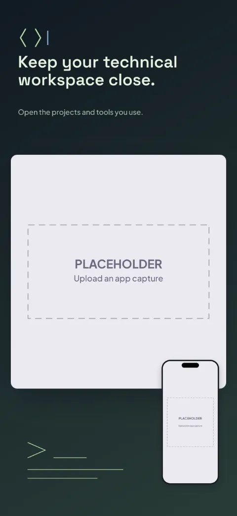 Dev Pocket slide 1 (promise): “Keep your technical workspace close.” over a dark gradient background with a workspace (editor crop) screen slot and brackets.