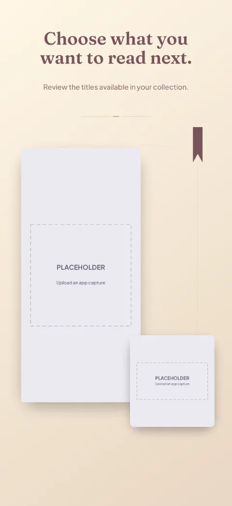 Reading Room slide 2 (primary feature): “Choose what you want to read next.” over a light gradient background with a book detail screen slot and chapter divider.