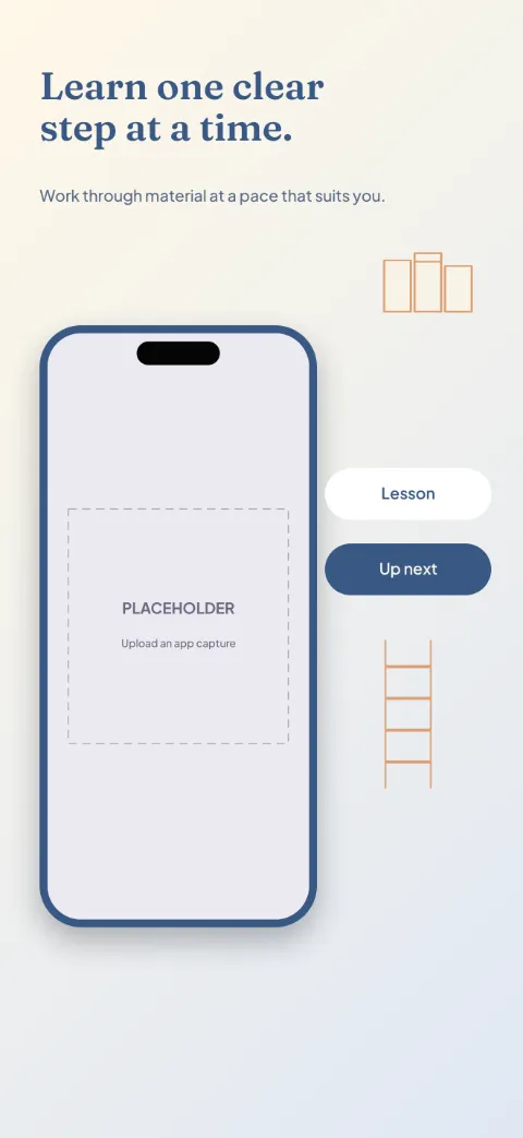 Learn Ahead slide 3 (secondary feature): “Learn one clear step at a time.” over a light gradient background with a lesson screen slot and book tabs.