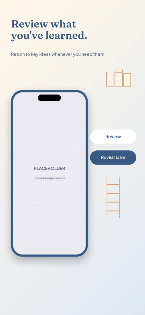 Learn Ahead slide 5 (closing): “Review what you've learned.” over a light gradient background with a review screen slot and book tabs.