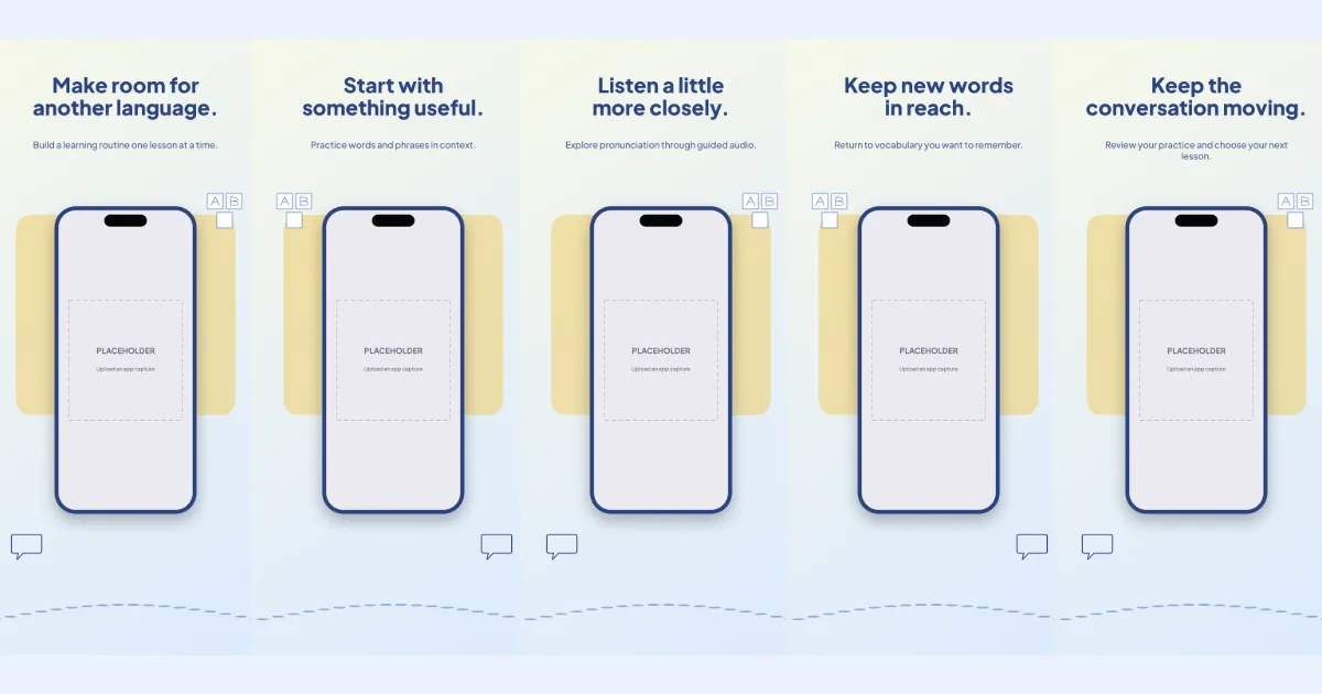 Word Journey education screenshot template: five slides, rich blue and warm yellow with speech bubbles and alphabet tiles around the phone.