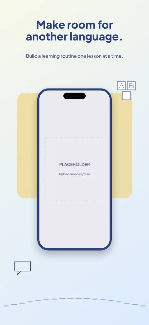 Word Journey slide 1 (promise): “Make room for another language.” over a light gradient background with a course screen slot and speech bubble.