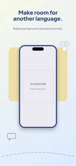 Word Journey education screenshot template: five slides, rich blue and warm yellow with speech bubbles and alphabet tiles around the phone.