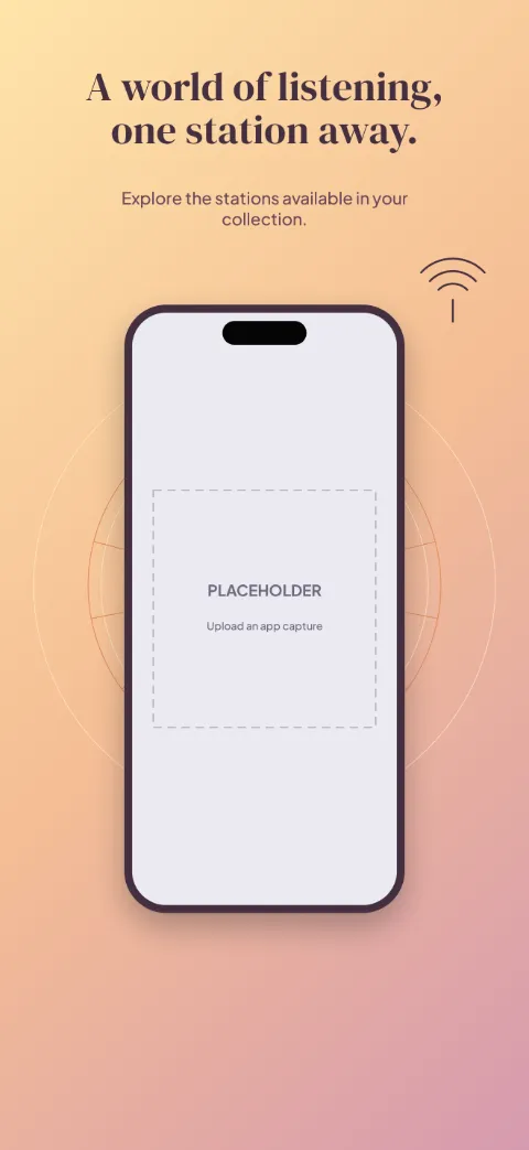 On Air slide 1 (promise): “A world of listening, one station away.” over a light gradient background with a stations screen slot and frequency rings.