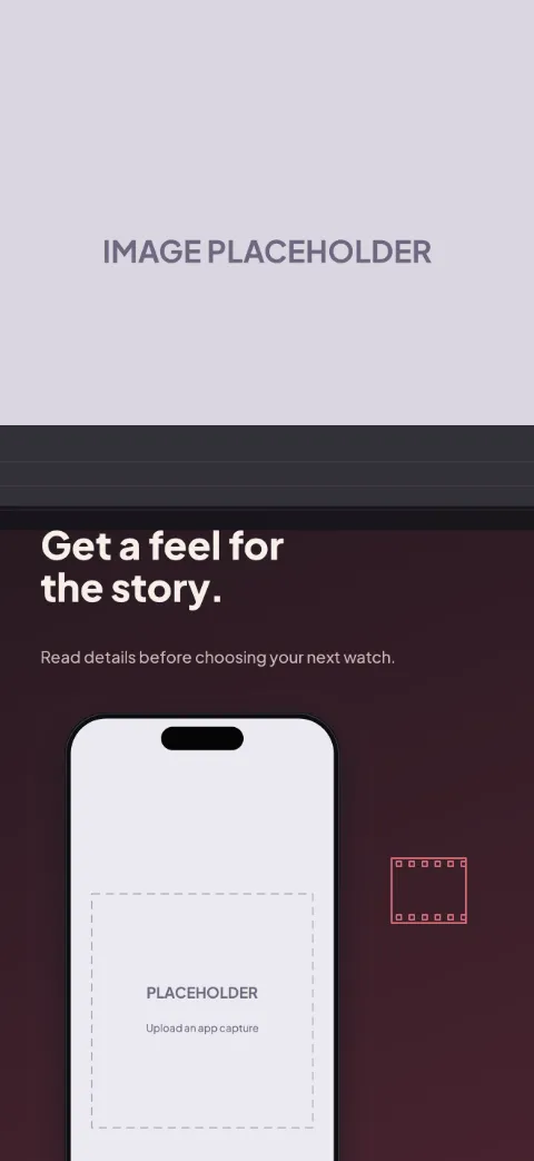 Screen Night slide 2 (primary feature): “Get a feel for the story.” over a dark gradient background with a title detail screen slot and light bands.