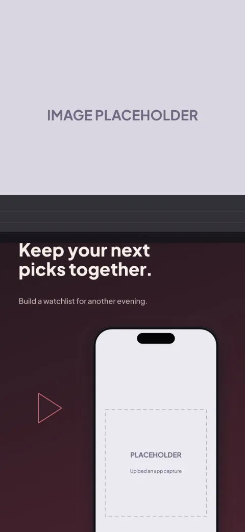 Screen Night slide 3 (secondary feature): “Keep your next picks together.” over a dark gradient background with a watchlist screen slot and light bands.
