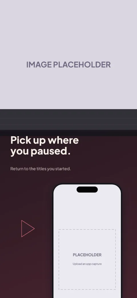 Screen Night slide 5 (closing): “Pick up where you paused.” over a dark gradient background with a continue watching screen slot and light bands.