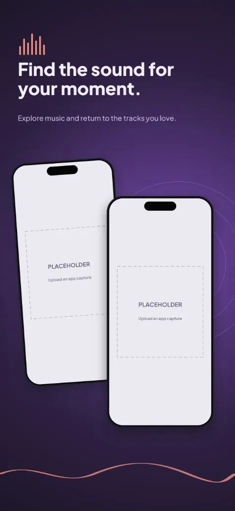 Sound Current slide 1 (promise): “Find the sound for your moment.” over a dark radial background with a discovery · back screen slot and equalizer bars.