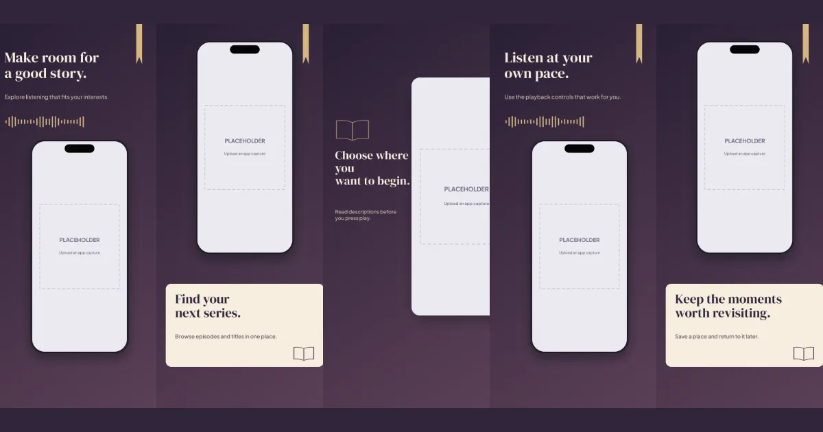 Story Cast entertainment screenshot template: five slides, aubergine and muted gold, tactile editorial cards.